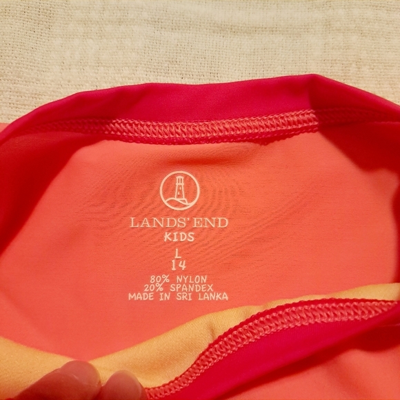 Lands End girls size 14 coral rash guard with flower applique - Picture 2 of 4